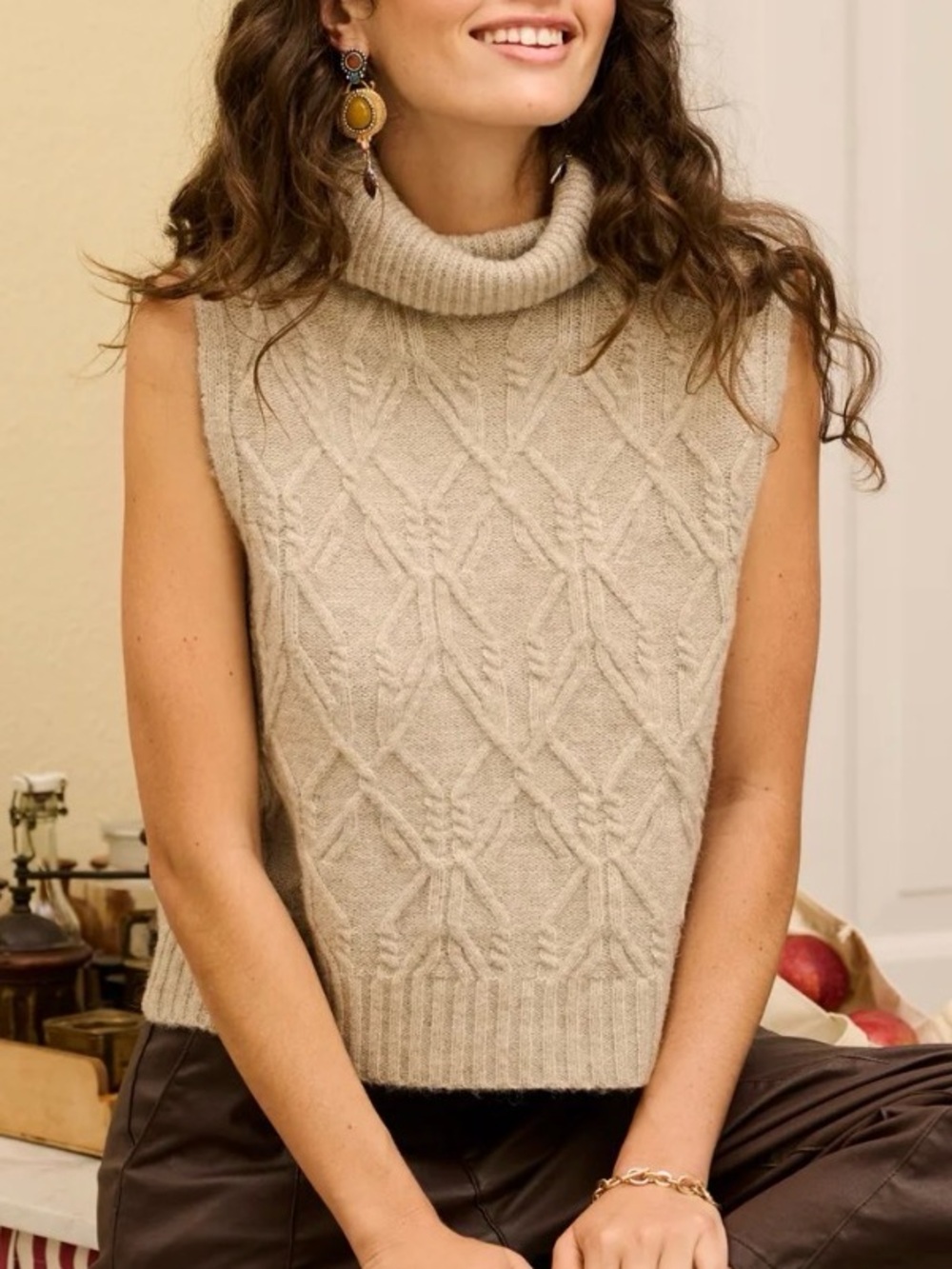 Heartloom Sleeveless Cable Turtleneck Sweater Vest - Beige in S BNWT